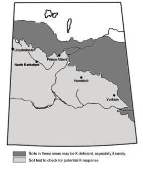 Map of potential K deficiency and response in Saskatchewan