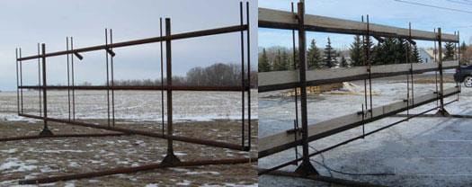 Unit with 3 horizontal planks and 15 foot wide base to prevent overturning during high winds