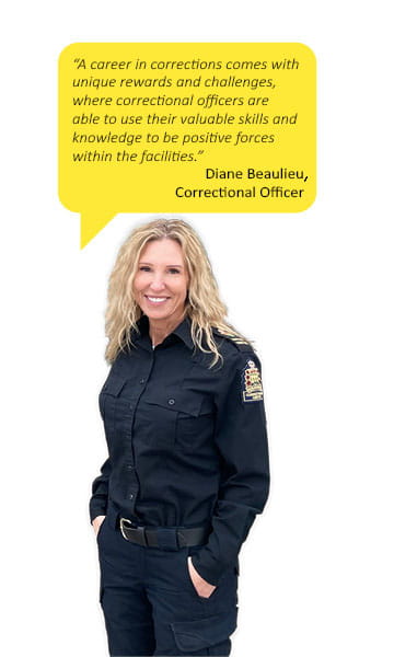 "A career in corrections comes with unique rewards and challenges, where correctional officers are able to use their valuable skills and knowledge to be positive forces within the facilities." - Diane Beaulieu, Correctional Officer