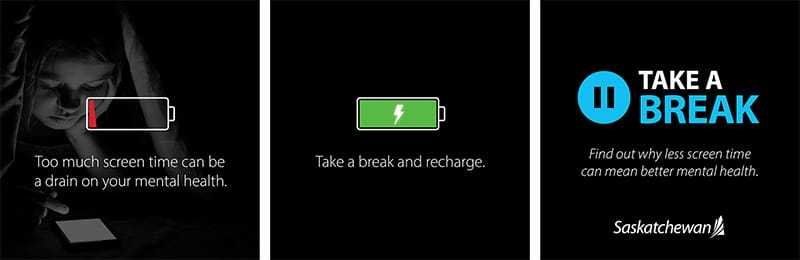 Dead battery symbol. Green fully charged battery symbol. Pause symbol saying TAKE A BREAK.