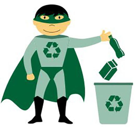 Recycling hero dropping bottles in a recycling bin.