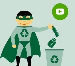Recycling hero dropping bottles in recycling bin