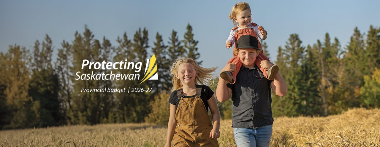 Three children walking in a wheat field with text reading Protect Saskatchewan, Provincial Budget 2026-27