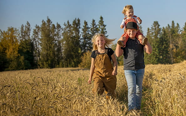 Three children walking in a wheat field