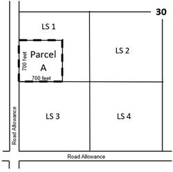 Illustration indicating the borders on a rural land parcel that need to be measured for a subdivision application. 