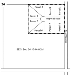 Illustration indicating the borders on a rural land parcel that need to be measured for a subdivision application. 