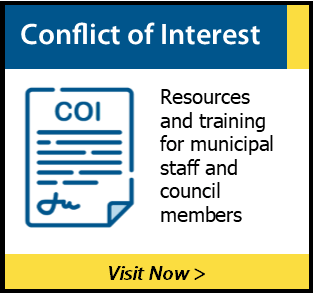 Graphic encouraging municipal staff and council members to view the Conflict of Interest Resources found on this website. 