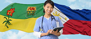 Woman in front of Saskatchewan and Philippines Flags
