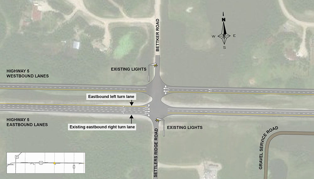 Highway 5 and Bettker Road. Eastbound left turn lane. Existing eastbound right turn lane kept in place.