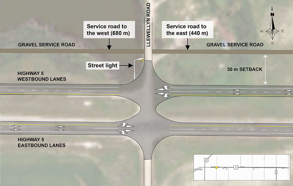 The design for the intersection of Highway 5 and Llewellyn Road 