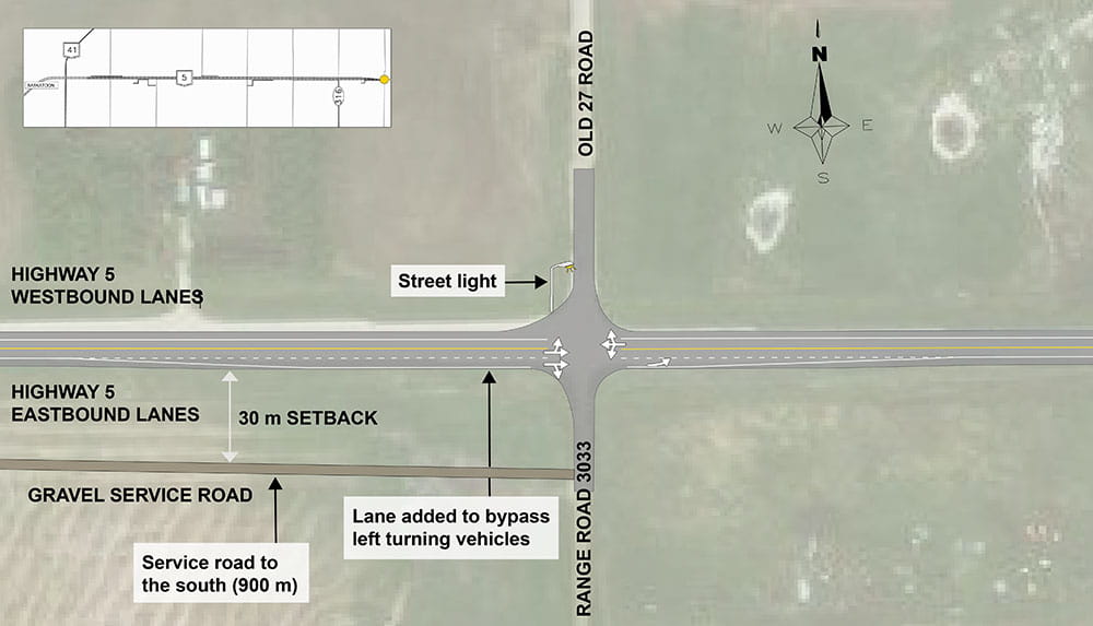The design for the intersection of Highway 5 and Old 27 Road.  An added eastbound lane at the intersection to bypass left turning vehicles.