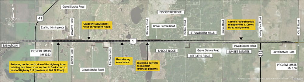 Entire project map from east of Saskatoon to Old 27.