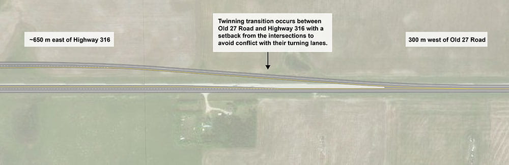 Highway Twinning Transition. The transition from twinned highway to undivided highway occurs between Old 27 Road and Highway 316. 