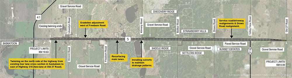 Entire project map from east of Saskatoon to Old 27.