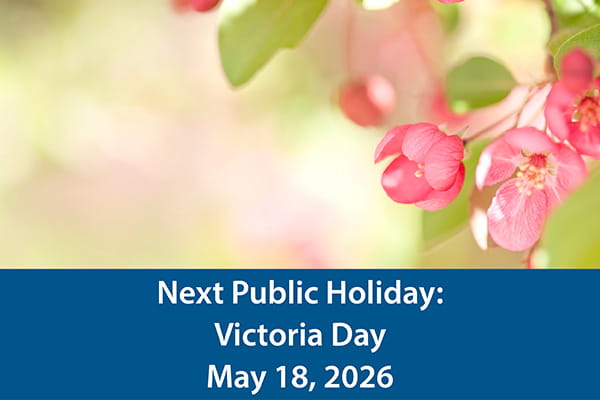 A pink spring flower blooms in a tree with green leaves. The text reads "Next public holiday: Victoria Day. May 18, 2026."