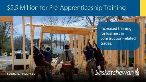 $2.5 million for pre-apprenticeship training. Increased training for learners in construction-related trades.