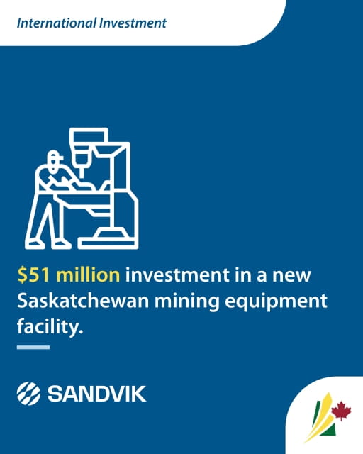 graphic of person working with equipment. Words underneath read " $51 million investment in a new Saskatchewan mining equipment facility", followed by the Sandvik logo and Saskatchewan logo. 