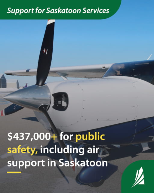 A small airplane on the tarmac with blue skies. Text reads Support for Saskatoon Services. $437,000+ for public safety, including air support in Saskatoon.