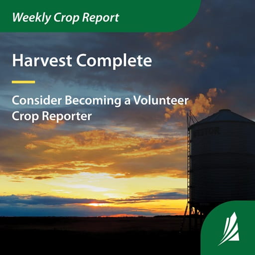 Grain bin in front of a prairie sunset. Text indicates harvest is complete in Saskatchewan.progress in Saskatchewan