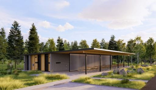 Rendered design image of the new service centre for Candle Lake Provincial Park. The image shows the service centre surrounded by forest and patches of green space.