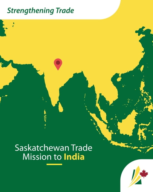 Strengthening Trade: Saskatchewan’s Trade Mission to India. A map of India in yellow and green with a red pinpoint marking the city of New Delhi. 