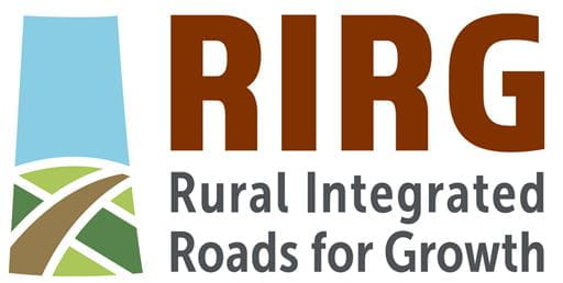 A blue, green and brown image of Saskatchewan with next to it the letters R, I, R, and G, which stand for the Rural Integrated Roads for Growth program.