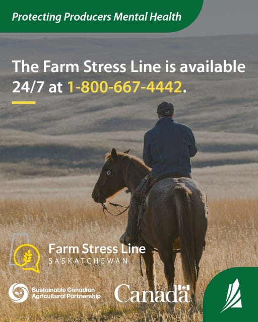 Rancher on a horse overlooking a golden field. Top text reads "Protecting Producers Mental Health." Main text on the graphic reads "The Farm Stress Line is available 24/7 at 1-800-667-4442." On the bottom of the graphic the logos read "Farm Stress Line Saskatchewan, Sustainable Canadian Agricultural Partnership, Canada and Saskatchewan."