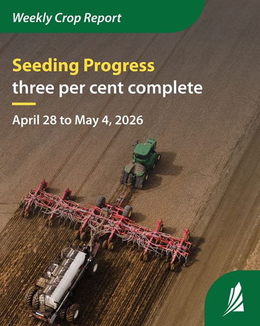 Seeder in a field. Text indicates harvest progress in Saskatchewan