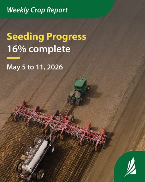 Seeder in a field. Text indicates harvest progress in Saskatchewan
