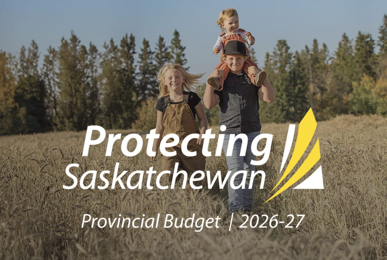 Three children walking in a wheat field with text reading Protect Saskatchewan, Provincial Budget 2026-27
