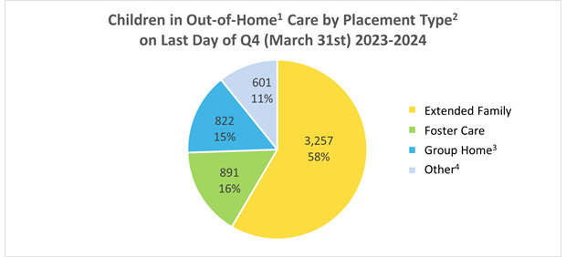 Pie chart showing number of children in care by placement type as of Dec 31, 2023